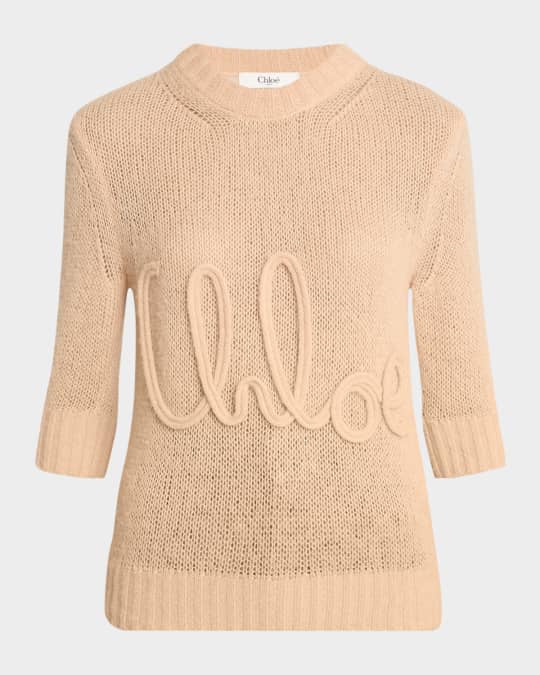 Chloe Logo Embroidered Open-Knit 3/4-Sleeve Sweater | Neiman Marcus