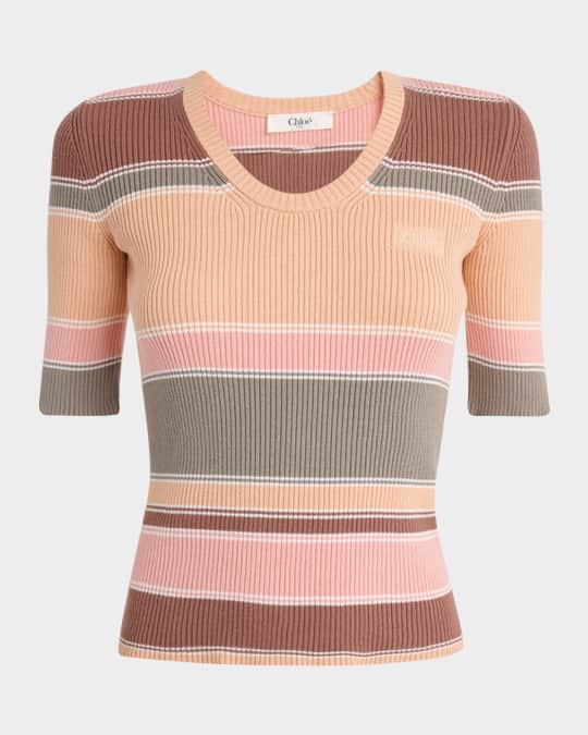 Chloe Striped Crewneck Rib Knit Cotton Top | Neiman Marcus