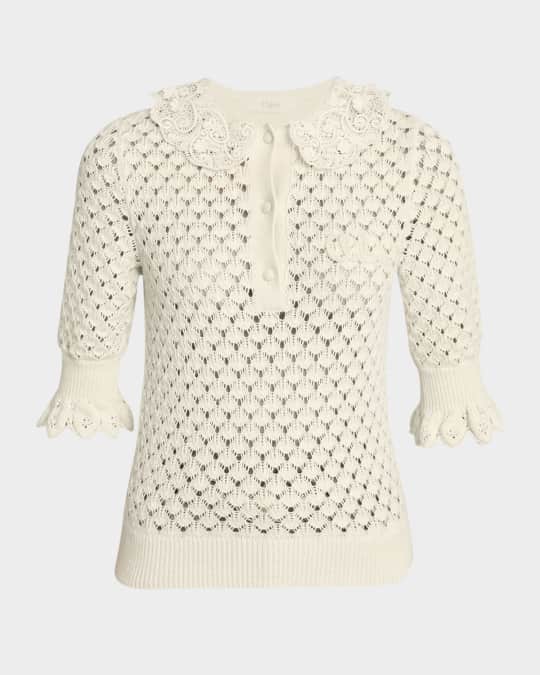 Chloe Lace-Collar Open Knit Polo Top | Neiman Marcus