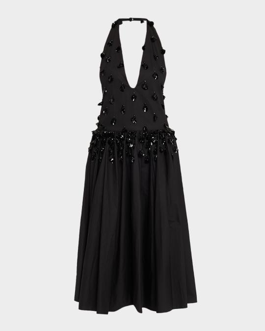 Diotima Nuit Embellished Plunging Halter Drop-Waist Gown