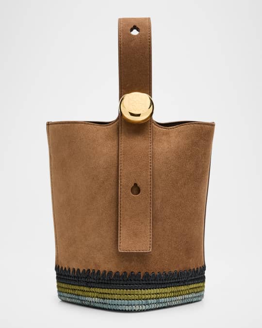 Loewe Pebble Raffia-Bottom Mini Bucket Bag in Suede | Neiman