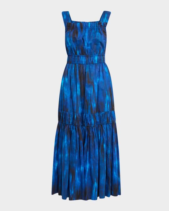 t tahari printed tiered midi dress Elie Tahari The Adela Tiered Ikat-Print Midi Dress