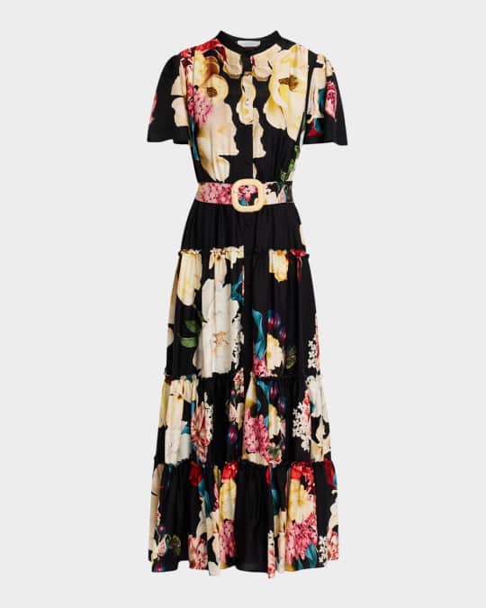 Elie Tahari The Sammie Tiered Floral-Print Midi Dress | Neiman Marcus