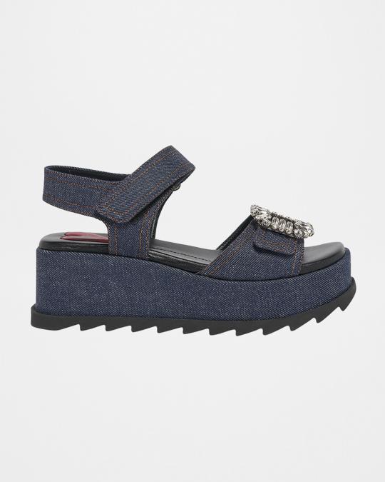 Roger Vivier デニム バックル サンダル 38 Roger Vivier Denim Strass Wedge Sandals | Neiman Marcus