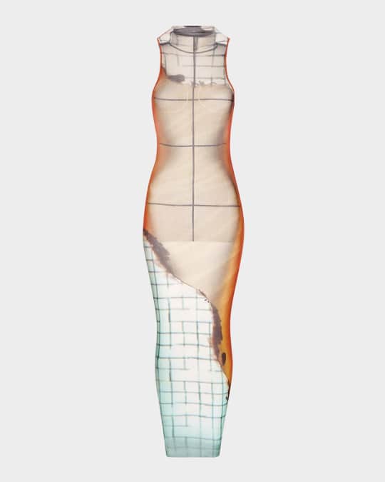 Jean Paul Gaultier Fire Printed Mesh Sleeveless Midi Dress | Neiman Marcus