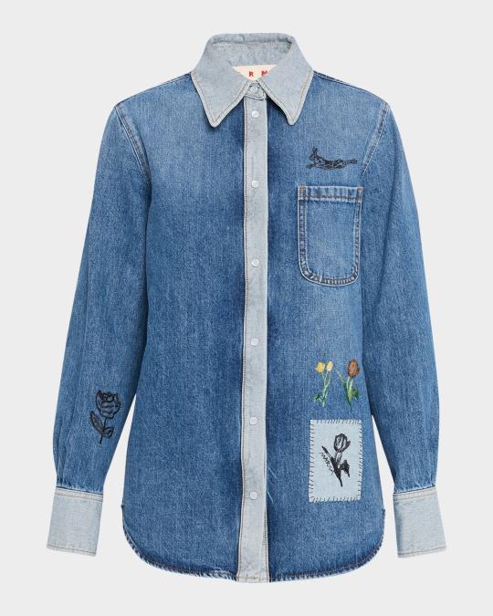 Marni Embroidered Denim Button-Front Shirt | Neiman Marcus