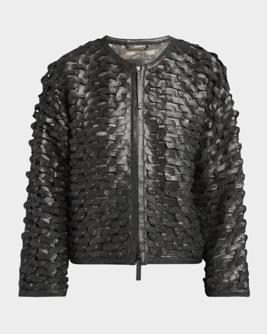 Giorgio Armani Beaded Woven Snake-Embossed Leather Zip Jacket