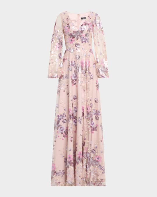 Jovani Balloon-Sleeve Metallic Embroidered Gown | Neiman Marcus