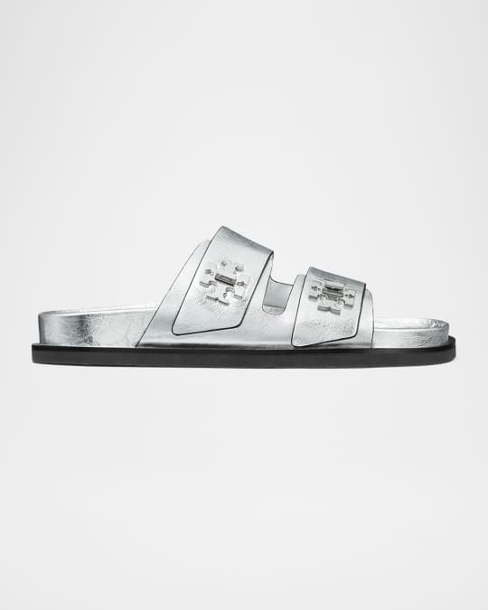 関税・送料込み 『Tory Burch』Tロックメタリックレザースライド Tory Burch Turnlock Metallic Leather Sport Slides | Neiman