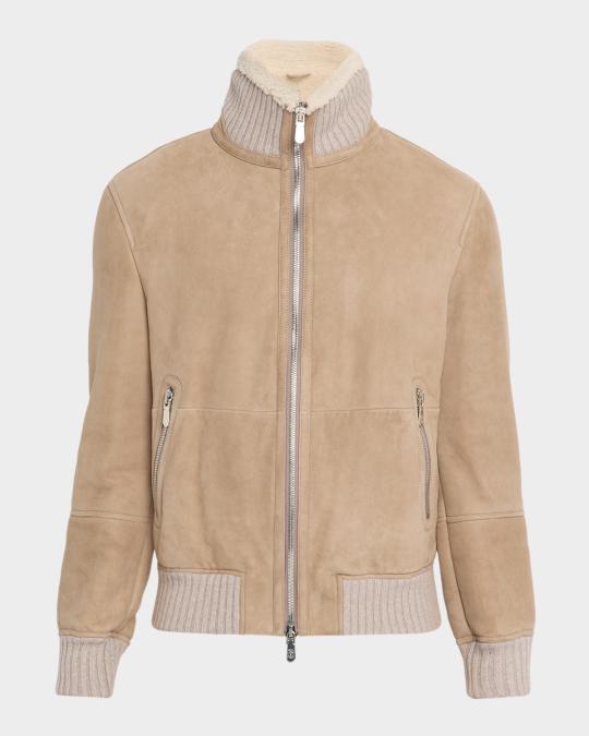 Brunello Cucinelli Men's Shearling-Lined Suede Full-Zip Flight