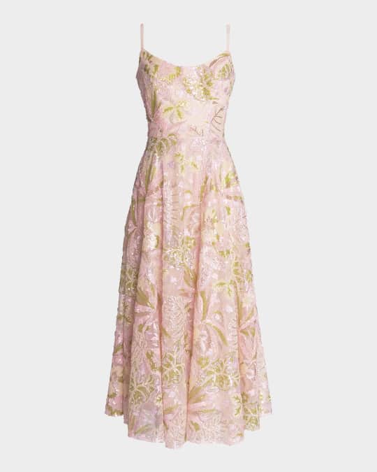 Dress the Population Black Label Uma Sleeveless Floral Bead & Sequin Midi  Dress | Neiman Marcus