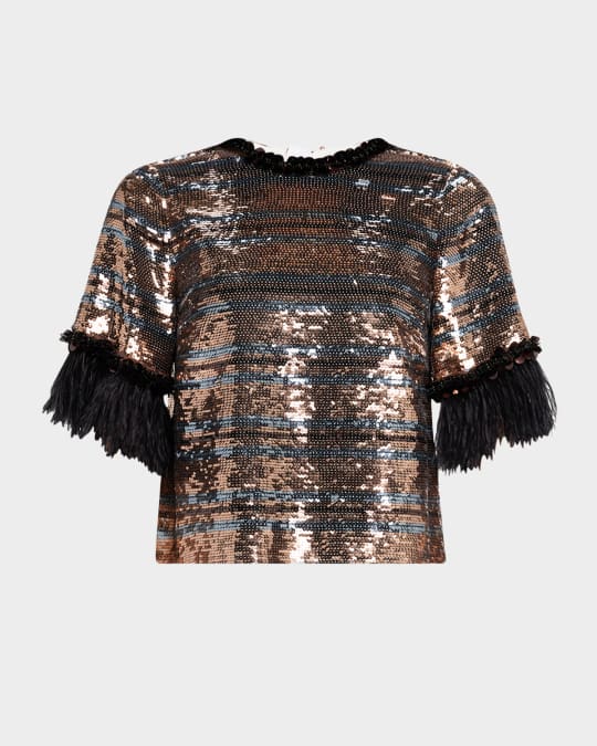DOROTHEE SCHUMACHER Sparkling Shine Feather-Cuff Sequin Blouse | Neiman  Marcus