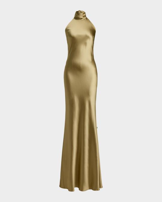 ralph lauren metallic halter dress Lauren Ralph Lauren Metallic Chiffon Halter Gown - Tan/Light Gold Foil
