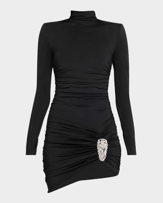 AREA Crystal Cluster Ruched Turtleneck Mini Dress | Neiman Marcus