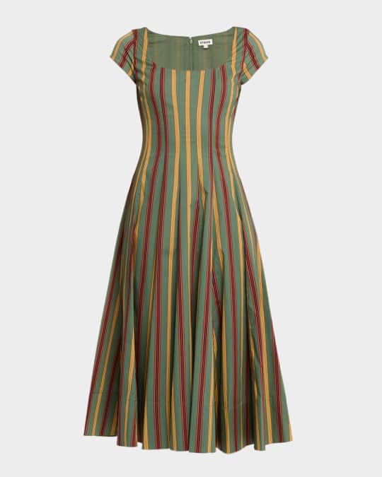 navy blue dress for baby girl STAUD Wells Striped Stretch-Cotton Square-Neck Midi Dress