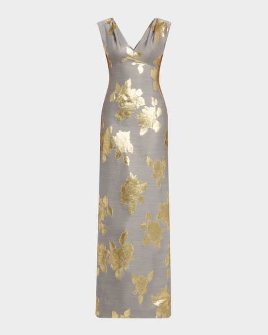 knee length dresses for ladies Lela Rose Evelyn Metallic Floral Fil Coupe Silk-Blend Gown, Blue / 2 main image 0