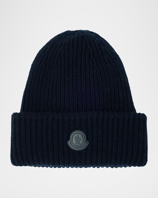 Moncler Men's Cashmere Rib Leather-Logo Beanie Hat | Neiman Marcus