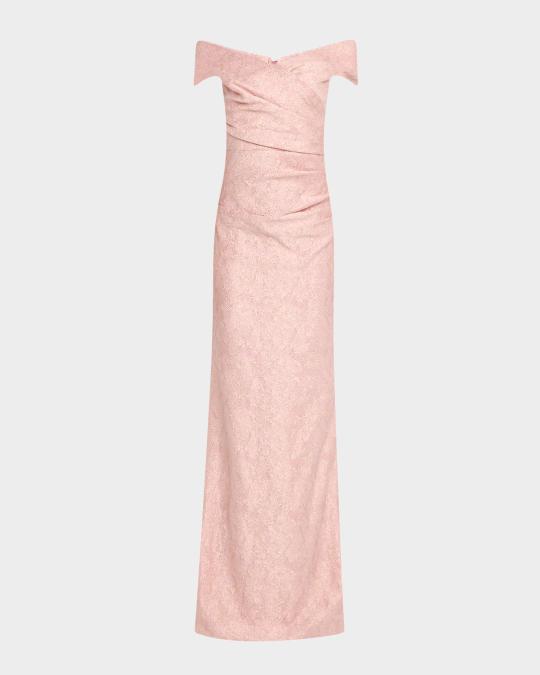 Rickie Freeman for Teri Jon Off-Shoulder Metallic Jacquard Column Gown ...