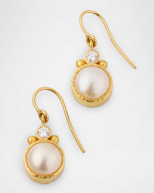 19K Yellow Gold White Mabe Pearl Earrings with Diamonds and Dots