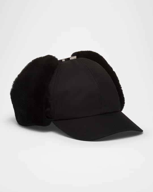 Prada Men's Re-Nylon And Lamb Shearling Trapper Baseball Hat