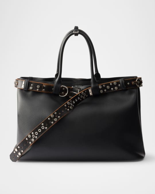 Men's Buckle Leather Bag with Studded Belt