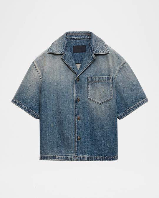 Prada Men's Denim Boxy-Fit Bowling Shirt | Neiman Marcus