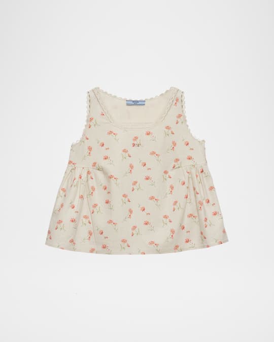 Floral-Print Linen Sleeveless Babydoll Top