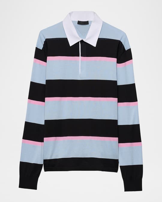 Prada Men's Cotton-Silk Striped Polo Shirt | Neiman Marcus