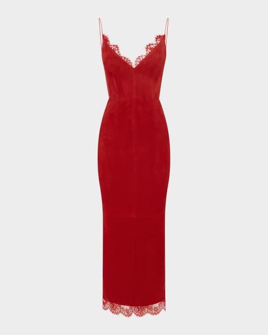 Alex Perry Suede Bikini Midi Dress with Lace Trim | Neiman Marcus