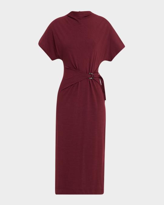 Brunello Cucinelli Drape Short-Sleeve Wool Jersey Midi Wrap Dress