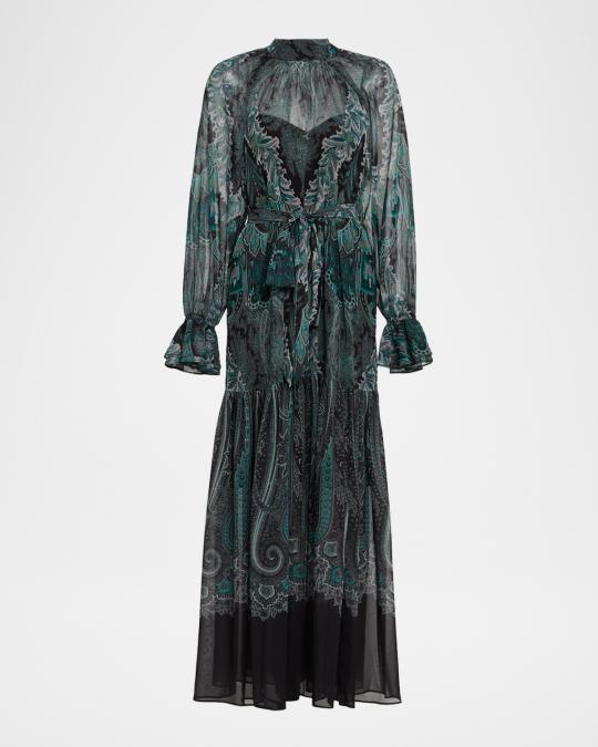 kobi halperin green dress Connell Tiered Paisley-Print Maxi midi length dress