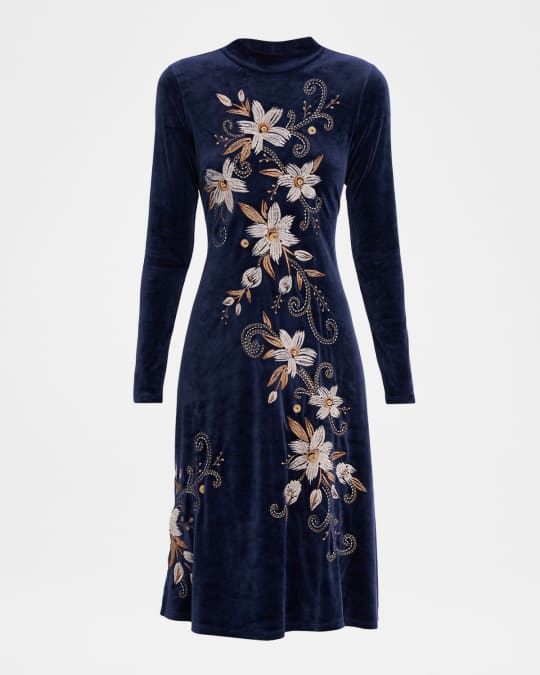 Johnny Was Floral-Embroidered Stretch Velvet Midi Dress | Neiman Marcus