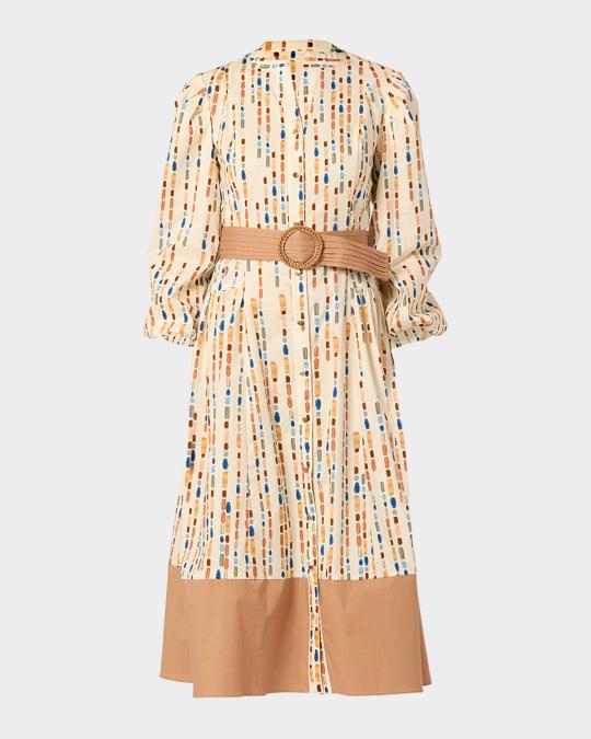 Shoshanna Bria Belted Brushstroke-Print Cotton Midi Dress | Neiman Marcus