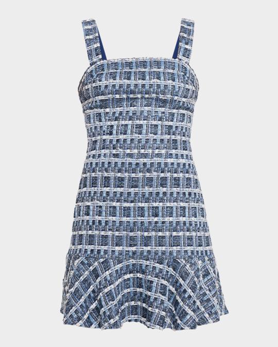 ALICE + OLIVIA Kaidra Textured Denim Tweed Drop-Waist Mini Dress