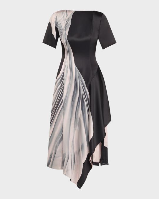 Dancing Pleat Short-Sleeve Asymmetric Midi Dress