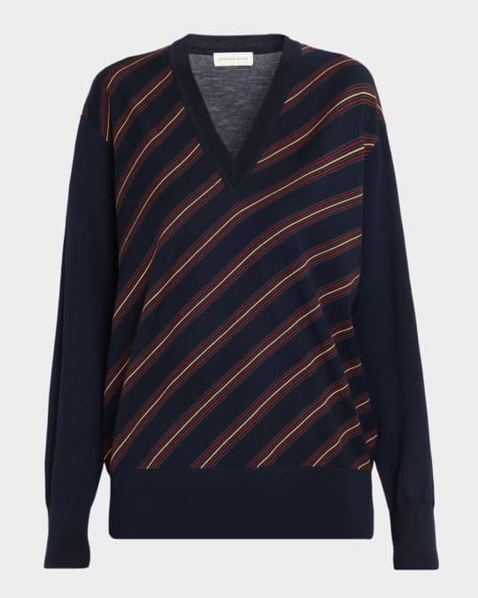 Dries Van Noten Tishana Striped V-Neck Wool Sweater | Neiman Marcus