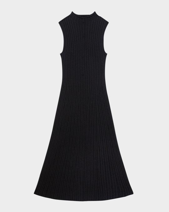 neiman marcus knit dresses Theory Sleeveless Cable-Knit Midi Dress Stretched open buttonholes in