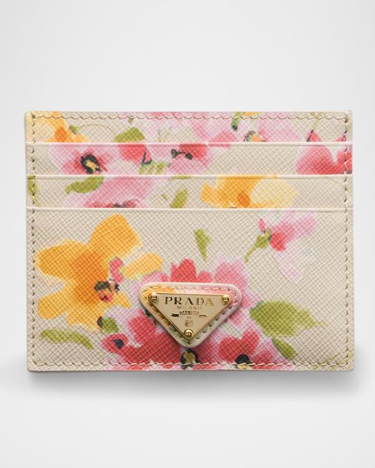Prada Floral-Print Saffiano Leather Card Holder | Neiman Marcus