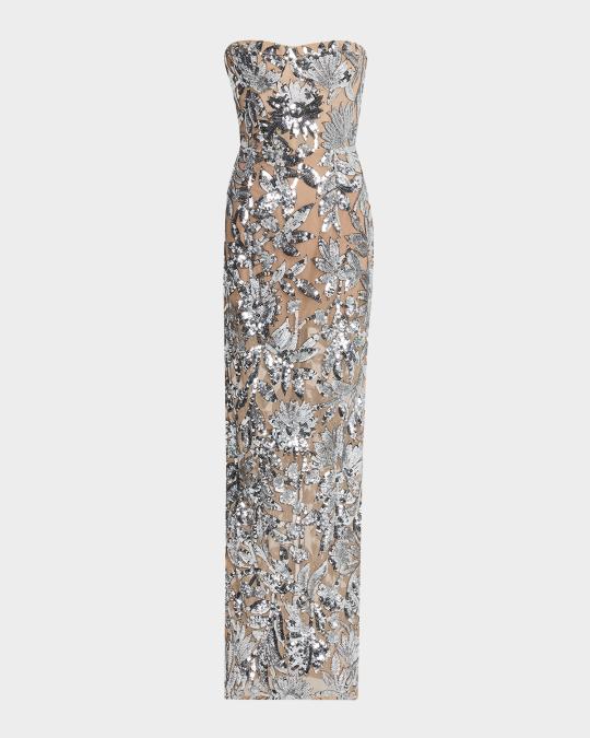 sachin and babi light blue dress Floral Sequin Embroidered Strapless A Line Gown