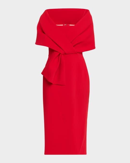Badgley Mischka Square-Neck Pleated Wrap Midi Dress | Neiman Marcus