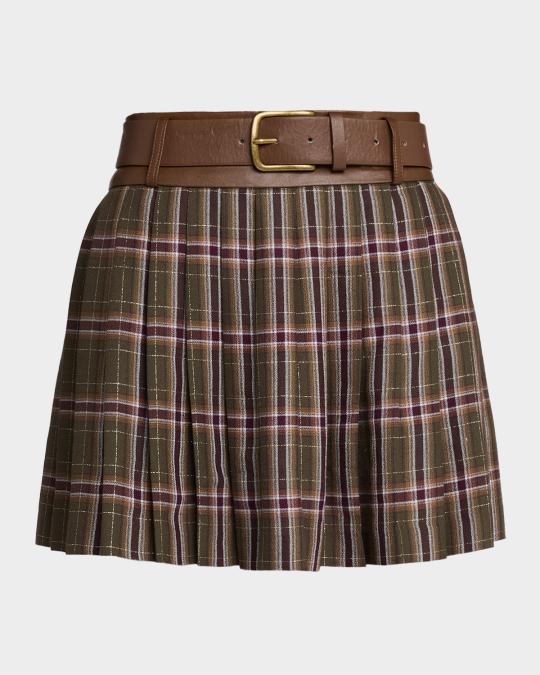 Ramy Brook Derrick Pleated Plaid Belted Mini Skirt | Neiman Marcus