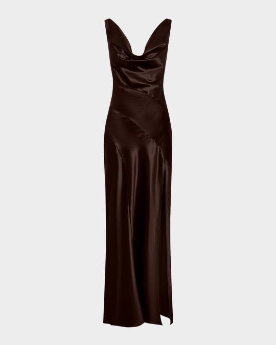 nicholas brown dress Alfina Backless Cowl-Neck Column Gown Enchanting Elegance Slate Blue SID-2390188 Size:40/RE Concealed back zip closure