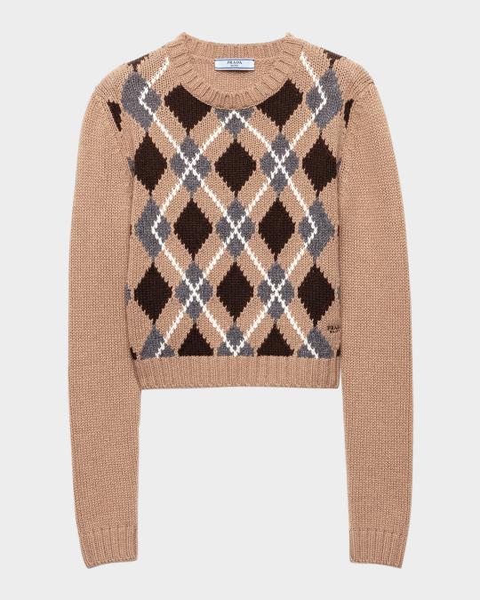Prada Cashmere Argyle Knit Crewneck Sweater | Neiman Marcus