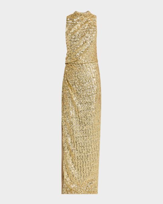 Draped Sequined Halter Column Gown