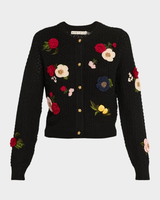 ALICE + OLIVIA Dollie Floral Crewneck Cardigan | Neiman Marcus
