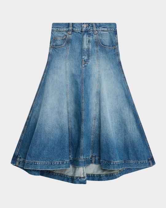 Victoria Beckham Panelled Kick-Flare Midi Denim Skirt | Neiman Marcus