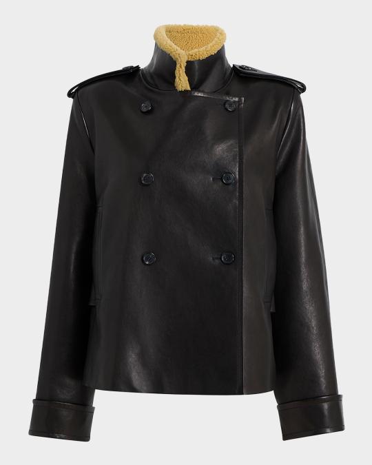 Khaite Dean Leather Double-Breasted Jacket With Lamb Shearling
