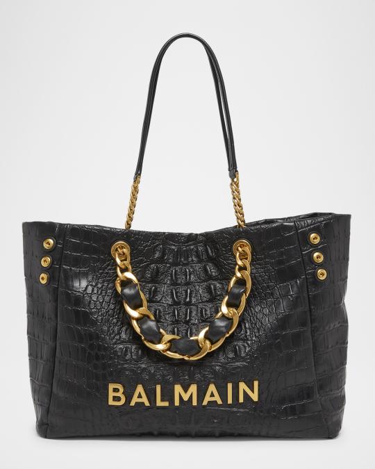 Balmain 1945 Soft Tote Bag in Croc-Embossed Leather | Neiman Marcus
