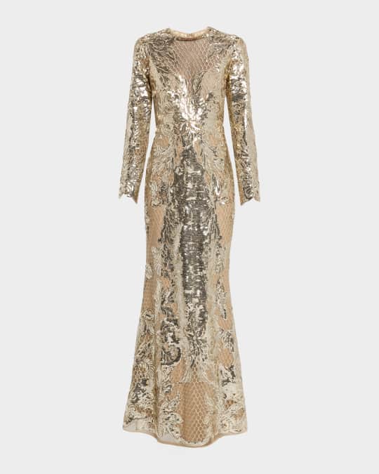 Elie Saab Sequin Embroidered Tulle Long-Sleeve Mermaid Gown | Neiman Marcus