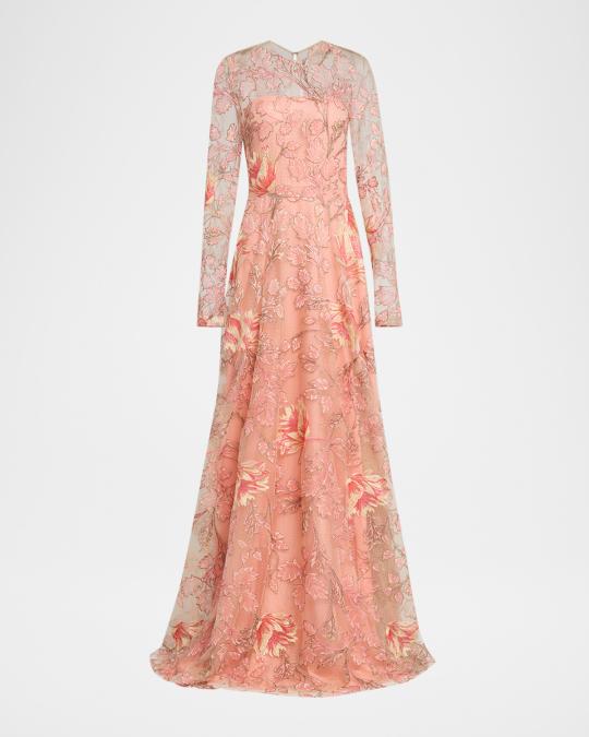 neiman marcus formal long dresses Naeem Khan Metallic Floral Embroidered Long-Sleeve Illusion Gown holliday dress